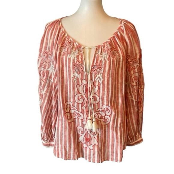 Anthropologie Akemi & Kin Striped Peasant Blouse  Embroidered Linen Blend Sz L - Picture 3 of 11